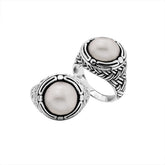 Sterling Silver Mabe Pearl cabochon woven band ring with Balinese silverwork, handcrafted in Bali